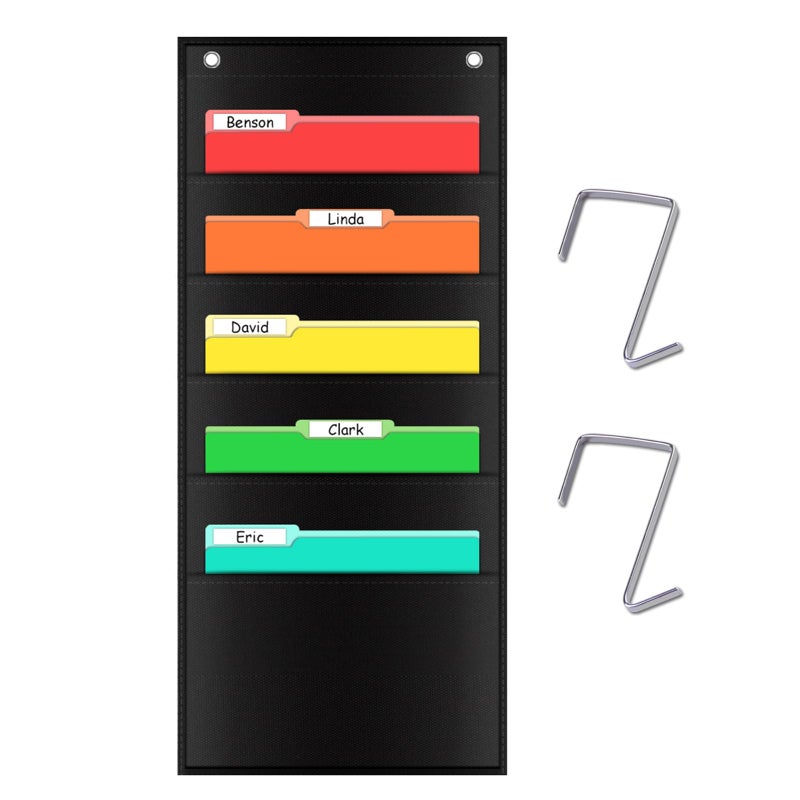 AUVCAS 5 Pocket Hanging Wall File Organizer, Storage Pocket Chart, Wall Mount/Over The Door File Organizer, Hanging File Folder Organizer for Classroom, Office and Home, Size: 28 x 14 inch, 2 Hangers - Image 1